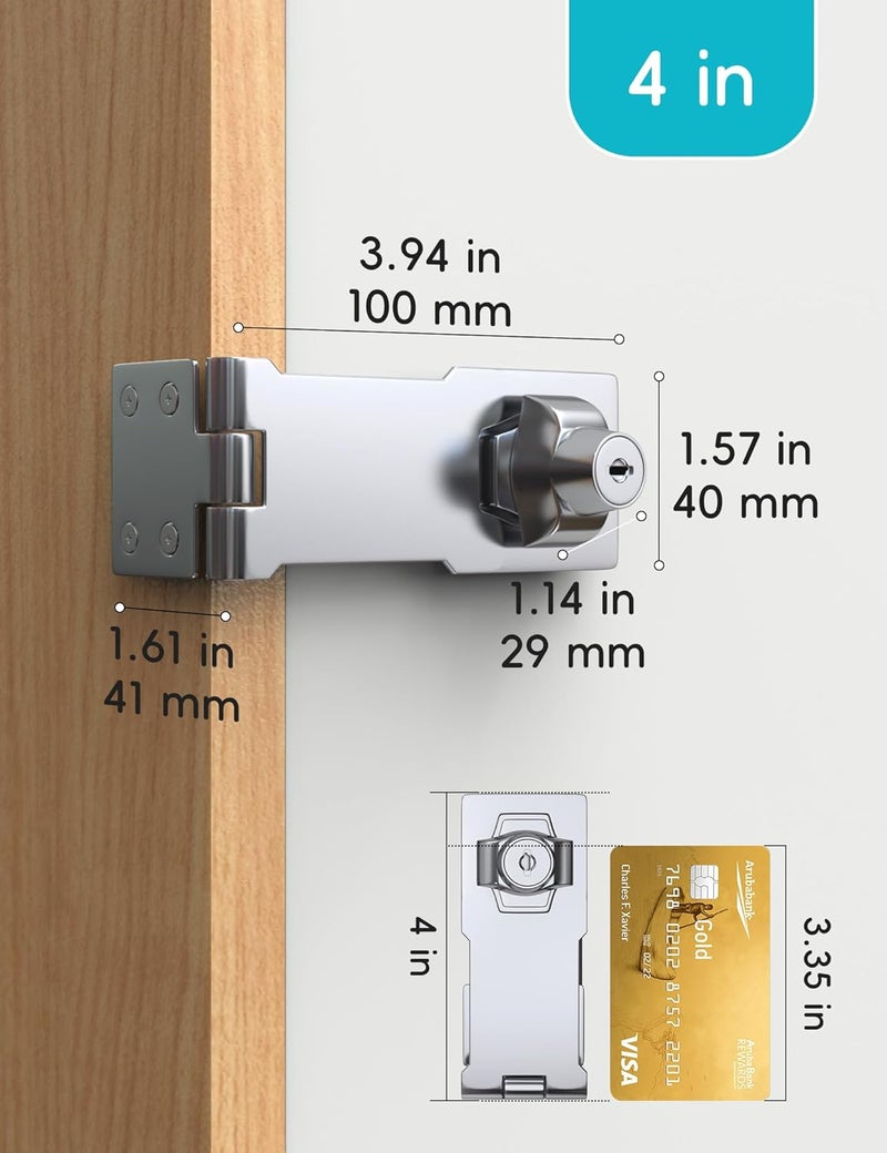 I-EASYDWW 4 Inch Keyed Hasp Lock for Cabinets & Small Doors, Twist Knob Design, Heavy Duty Zinc Alloy with Chrome-Plated Iron, Includes Keys & Screws - Silver, 2 Pack - Image 2